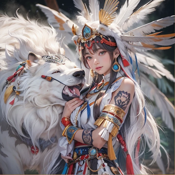 Shirakami-Sanchi、Hair flow、 ((highest quality、masterpiece、8k、Best image quality、Ultra-high resolution、Award-winning works)、(Accurate ???????:1.1)、(Look at me and smile:1.1)、Shining fair skin with Ultra-high resolution、The most detailed face、Ultra-high resolution detailed face、Ultra-high resolutionの髪の毛、(Ultra-high resolutionの煌めく瞳:1.1)、Beautiful face drawn in every detail、(Blurred Background:1.1)、Native American white costume, American Indian Clothing, Chest to chest, tattoo、A real giant condor next to you。Observe the white wolf