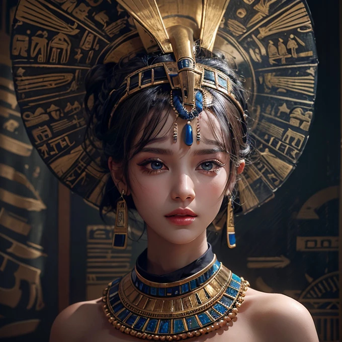 Standing in an ancient Egyptian cave、Blowing hair 、 ((highest quality、masterpiece、8k、Best image quality、Ultra-high resolution、Award-winning works)、(Accurate ???????:1.1)、(Look at me and smile:1.0)、Shining fair skin with Ultra-high resolution、The most detailed face、Ultra-high resolution detailed face、Ultra-high resolutionの髪の毛、(Ultra-high resolution eye:1.1)、Beautiful face drawn in every detail、Ancient Egyptian costumes, Chest to chest,  Dark atmosphere,Dark Light, Ancient Egyptian makeup, 