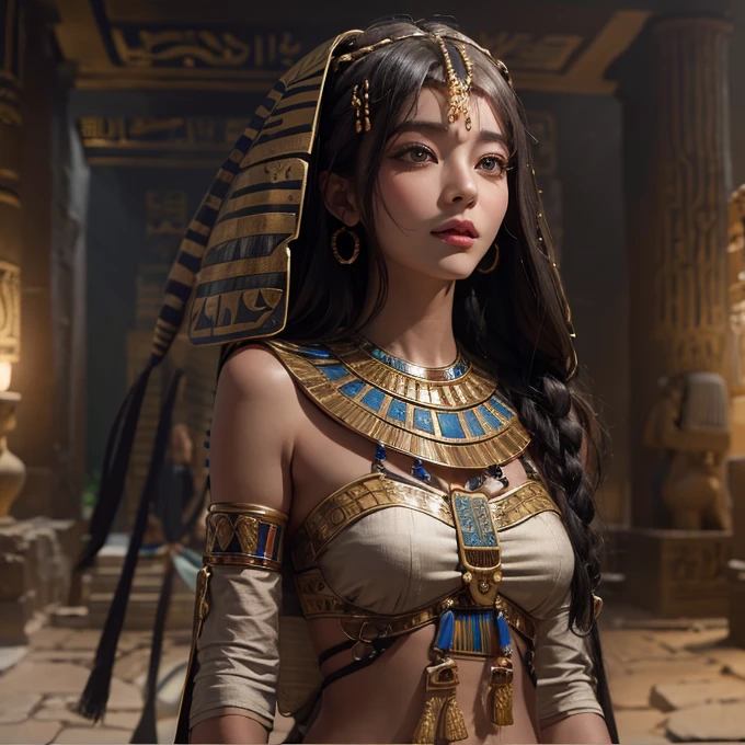 Standing in an ancient Egyptian cave、Blowing hair 、 ((highest quality、masterpiece、8k、Best image quality、Ultra-high resolution、Award-winning works)、(Accurate ???????:1.1)、(Look at me and smile:1.0)、Shining fair skin with Ultra-high resolution、The most detailed face、Ultra-high resolution detailed face、Ultra-high resolutionの髪の毛、(Ultra-high resolution eye:1.1)、Beautiful face drawn in every detail、Ancient Egyptian costumes, Chest to chest, Dark atmosphere,Dark Light, Ancient Egyptian makeup,