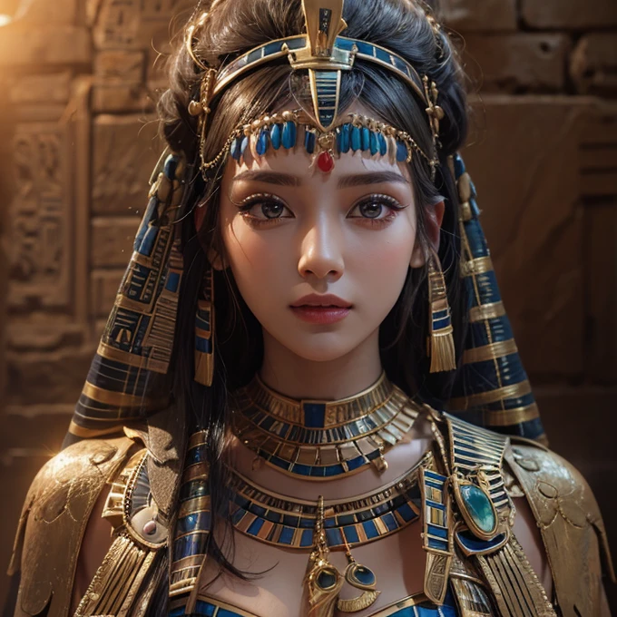 Standing in an ancient Egyptian cave、Blowing hair 、 ((highest quality、masterpiece、8k、Best image quality、Ultra-high resolution、Award-winning works)、(Accurate anatomy:1.1)、(Look at me and smile:1.0)、Shining fair skin with Ultra-high resolution、The most detailed face、Ultra-high resolution detailed face、Ultra-high resolutionの髪の毛、(Ultra-high resolution eye:1.1)、Beautiful face drawn in every detail、Ancient Egyptian costumes, Chest to chest, Dark atmosphere,Dark Light, Ancient Egyptian makeup,
