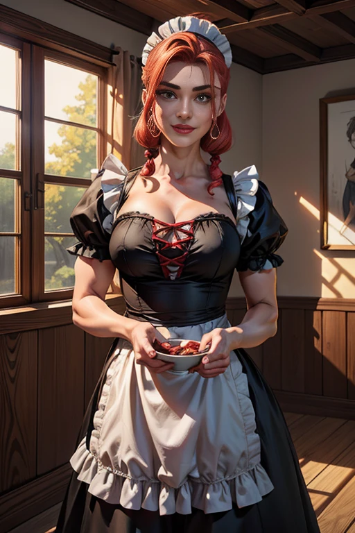 sfw, 1 female Ogre, Beautiful female Ogre wearing maid clothes、cabelo vermelho curto、Muscular、Roupas Six Pack Abaid:1.8)、(Avental de babados brancos:1.4)、Manchas faciais、tapa-olho,smiling expression、Dynamic configuration、detalhado、Fotorrealista、8K、high resolution、detalhado、cinematic lighting、dramatic colors、SF、arte conceitual