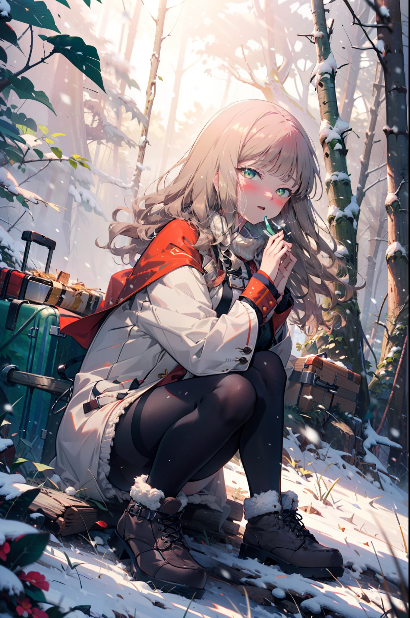 minami yume ,sss Dynazenon ,Long Hair, Brown Hair, (Green Eyes:1.5) ,Center of chest,hair band,smile,blush,White Breath,
Open your mouth,snow,Ground bonfire, Outdoor, boots, snowing, From the side, wood, suitcase, Cape, Blurred, , forest, White handbag, nature,  Squat, Mouth closed, Cape, winter, Written boundary depth, Black shoes, red Cape break looking at viewer, Upper Body, whole body, break Outdoor, forest, nature, break (masterpiece:1.2), highest quality, High resolution, unity 8k wallpaper, (shape:0.8), (Beautiful and beautiful eyes:1.6), Highly detailed face, Perfect lighting, Extremely detailed CG, (Perfect hands, Perfect Anatomy),