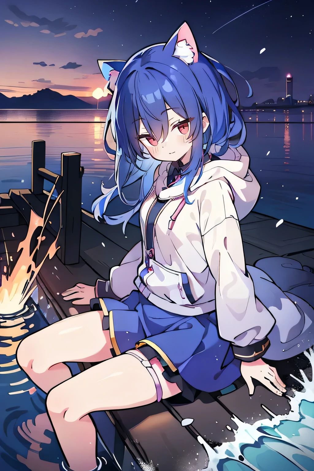 （masterpiece：1.2），Super detailed，lifelike，Expressive eyes，fair skin，perfect face shape，1 girl，
Japanese comics,Gorgeous blue hair,flowing blue hair,flowing clothes,Cat ears,Petals fall,beautiful lola,Baby Angel,sunrise,
Shaking head with one hand，Cross your legs，Gentle and peaceful background，The pavilion is cool and comfortable,smile, wearing hoodie, background of tokyo,back views,snowing, winter，seaside，wet clothes，A smile，A faint smile，。Anime girl holding a sword in the fire, Anime epic artwork, 4k Anime Wallpaper, Anime Art Wallpaper 4K, Anime Art Wallpaper 4K, Anime Wallpaper 4k, anime art wallpaper 8 k, Anime Wallpaper 4 k, Bad guy anime 8k, Anime Wallpaper, Anime Wallpaper, hd Anime Wallpaper, Anime style 4K, 4k comics wallpaper