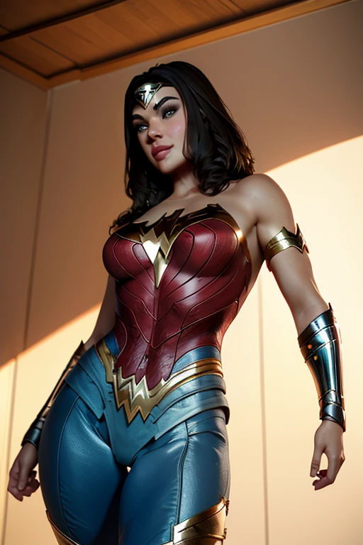 Natural Beauty, Masterpiece, Hailee Steinfeld, Perfectly Accurate Face Proportion, Realistic Light Blue Eyes, Thick Eyebrows, Wonder Woman, Wonder Woman Tiara, Curve Wide Hips, Round Ass, Toned Thighs, Toned Arms, Grin On Her Face, Standing elegantly with one foot slightly in front of the other, the tight suit clings to Wonder Woman’s body, highlighting the curves of her hips and the shape of her buttocks. The suit's fit emphasizes her graceful yet powerful form, with the smooth lines accentuating her posture. Seductive