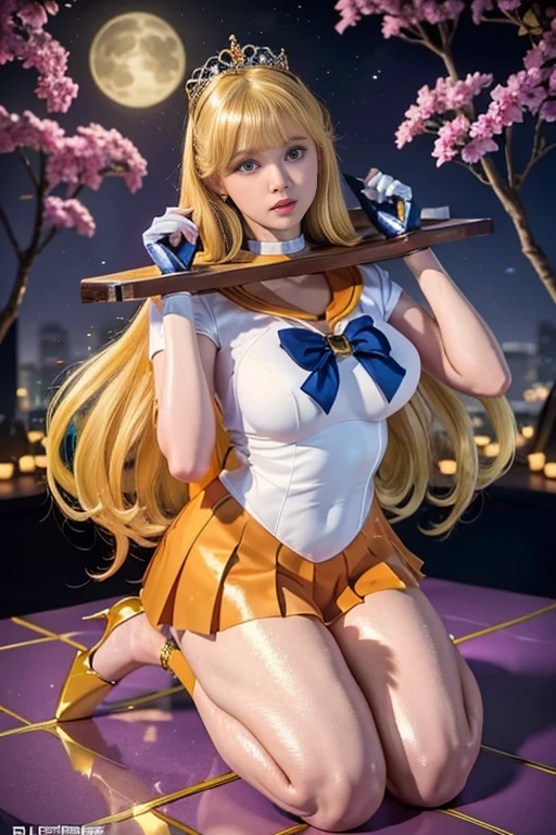 masterpiece,highest quality, 超A high resolution, (Realistic), RAW Photos, Octane Rendering, Wearing a Sailor Venus costume, 晒し台にBeing restrained, ((Pillory1.5)), ステンレス製のPillory, Hit your head, Flail in hand, Flail Leg, Feeling defeated, Feelings of despair,  Mature Woman, (36 years old), Plump face:1.2, sexy, highest quality, Very detailed, Very accurate, Mature Woman, (36 years old), Plump face:1.2, ((Wearing a Sailor Venus costume, Being restrained)), ((Pillory, Stainless steel restraint table)), (Detailed Sailor Venus Suit), ((Orange sailor collar, Orange mini pleated skirt, Exposed thighs, Long gloves, Stiletto heels, choker, tiara)), (((Shiny Costumes))), Very long blonde hair:1.3, Big eyes:1.3, Droopy Eyes 1.2, Solid eye makeup:1.3, Big Breasts:1.1, Fine grain:1.4, Looking at the audience:1.2, full moon, Moonlit Night ,Pink and red interpolated colors, 