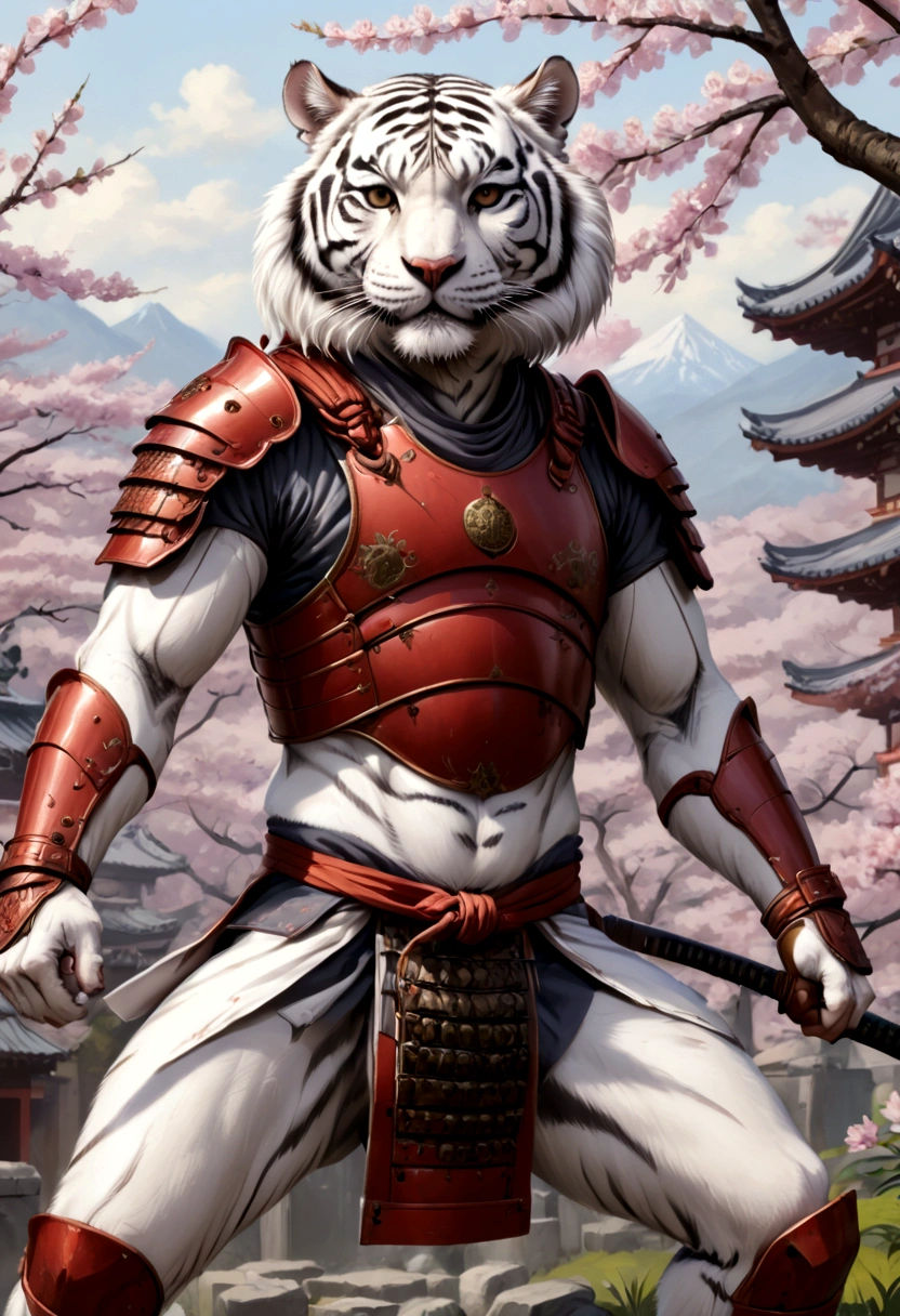 ((Masterpiece)), (Best Quality), (Cinematic),(highly accurate drawing in every detail)(extremely precise representation)complete_body_shot, a stunning white tiger(white siberian tiger) with partly longer flowing fur dressed like a samurai in ancient red samurai plate armor with helmeted samuraihelmet and katana and nodachi gets in fighting pose in front of temple with cherry blossoms. the scenery is absurd but awe inspiring. high quality linework,plain background,1 line drawing,flat watercolor background, Full body illustration