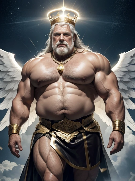Hyperrealistic image of an elderly man over 79 years old, grey-haired Nordic archangel superhero with huge open white wings with a huge crown of gold and gems and a halo of light on his head super heavy and very fat very handsome bodybuilder with huge flabby pecs and very large and pointed nipples very sweaty jumping in the air in a sky of very white clouds wearing only a leather and gold Roman skirt