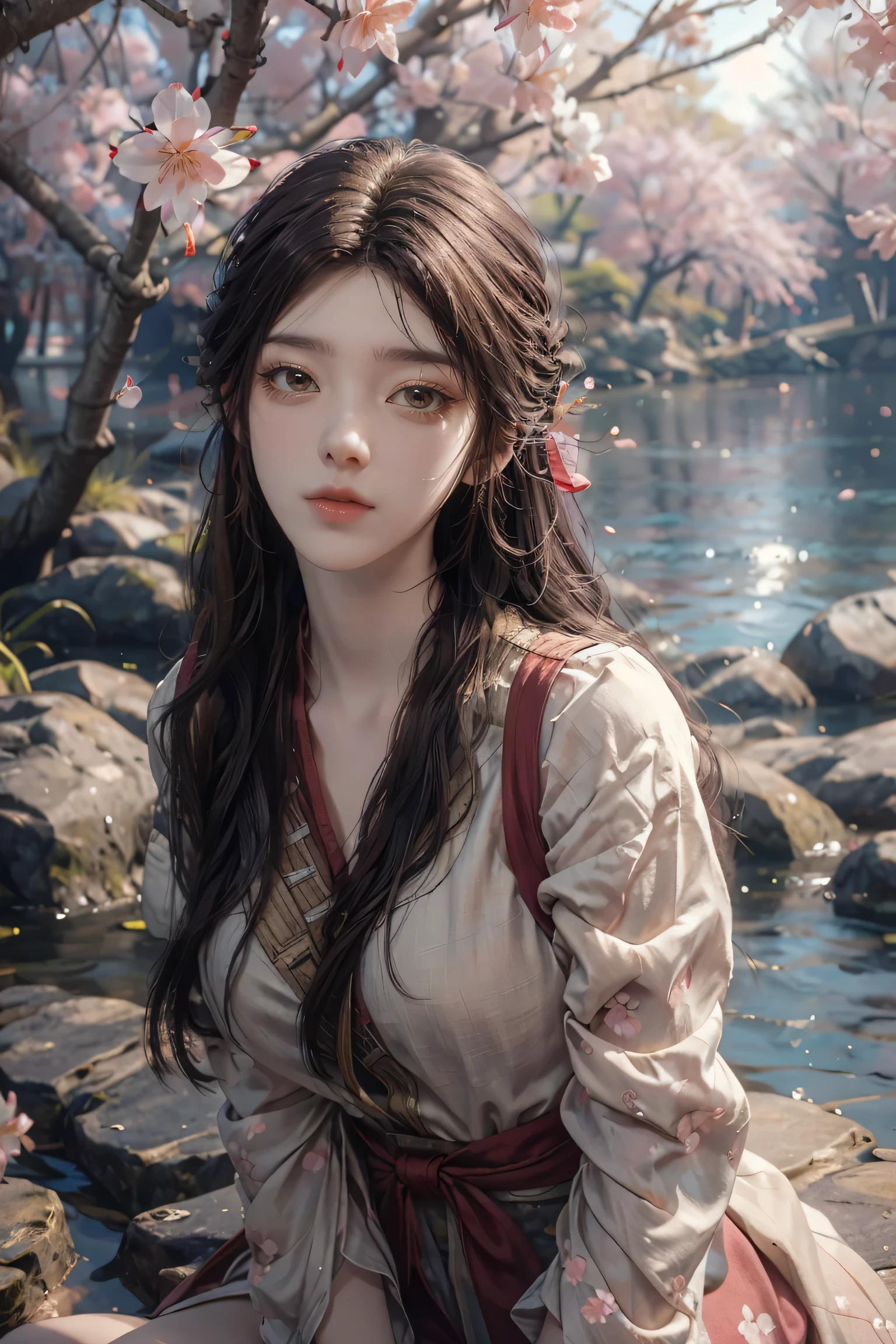 cherry blossoms, dappled sunlight, lake, best quality, masterpiece, illustration, realistic, photo-realistic, amazing, finely detail, incredibly absurdres, huge filesize, ultra-detailed, highres, extremely detailed CG unity 8k wallpaper, nsfw, cowboy shot, eyelashes, seductive smile, sexually suggestive, excited, A beautiful young woman with Korean-style facial features resembling a popular actress.