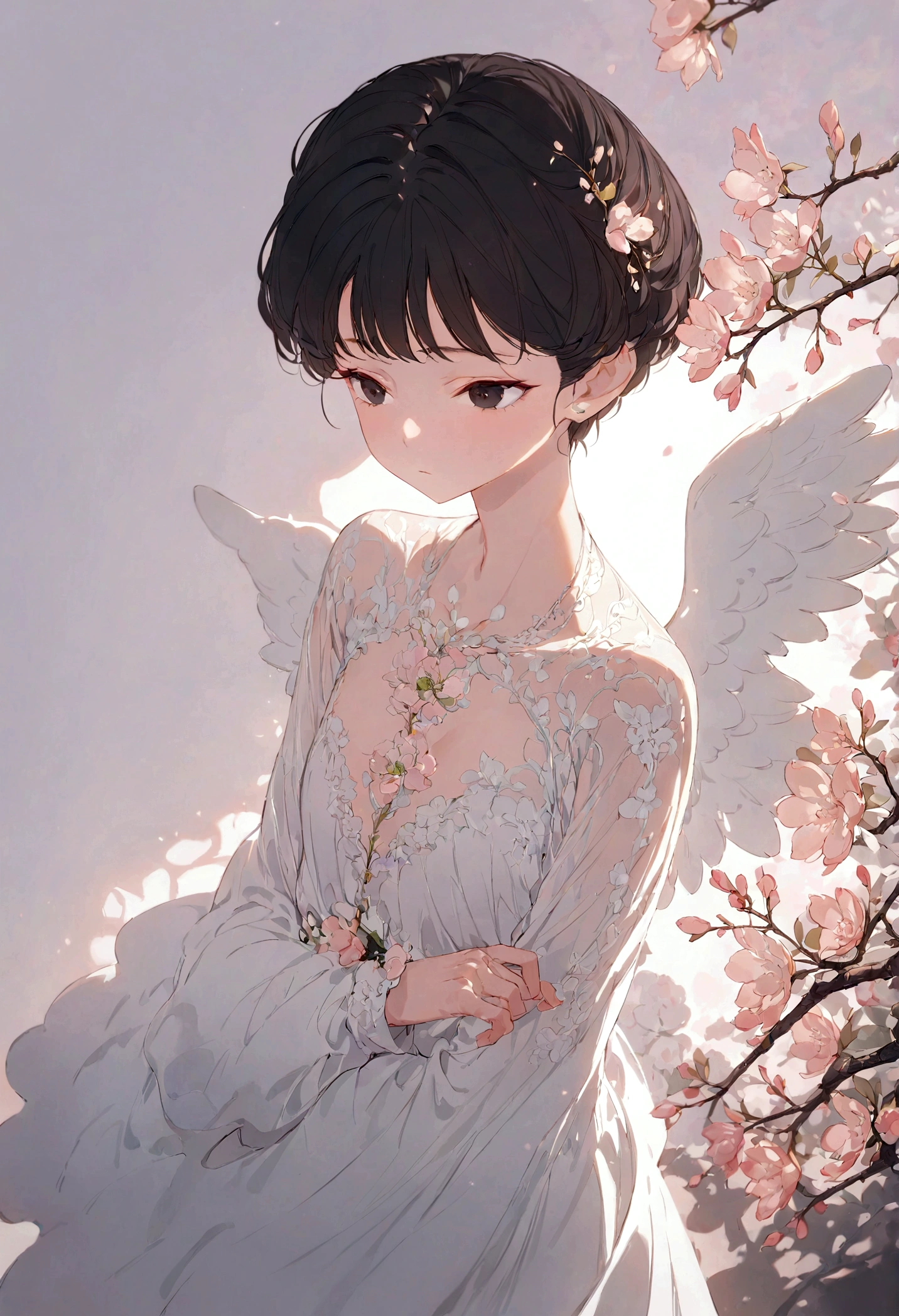 Very delicate and beautiful, wonderful, In detail, masterpiece, Super detailed, High resolution,Best illustrations, Best Shadow,Angel, Short hair, Sharp focus, high quality, 1 man, alone, Black Hair, black eye, Expressionless,