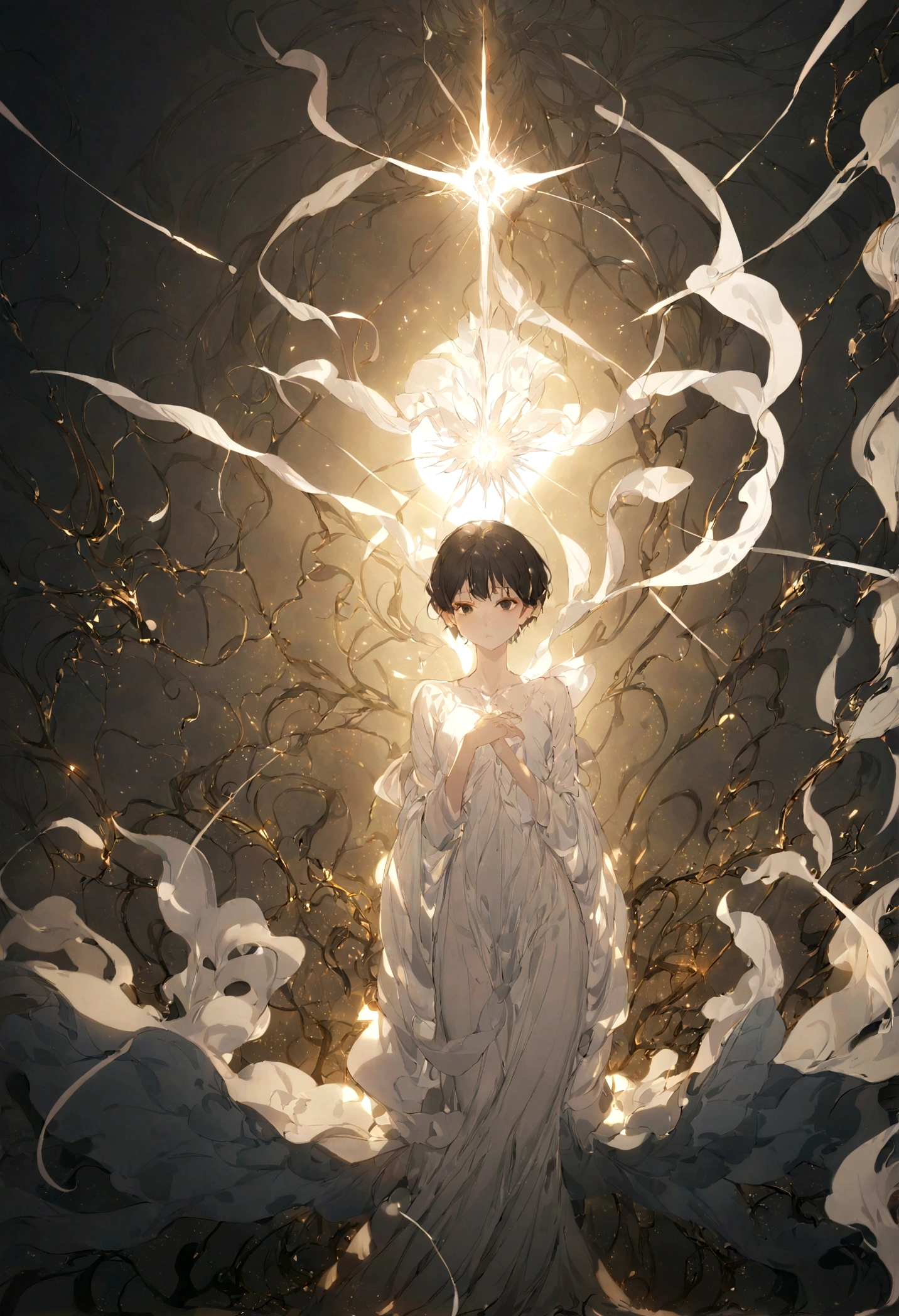 Very delicate and beautiful, wonderful, In detail, masterpiece, Super detailed, High resolution,Best illustrations, Best Shadow,Angel, Short hair, Sharp focus, high quality, 1 man, alone, Black Hair, black eye, Expressionless,