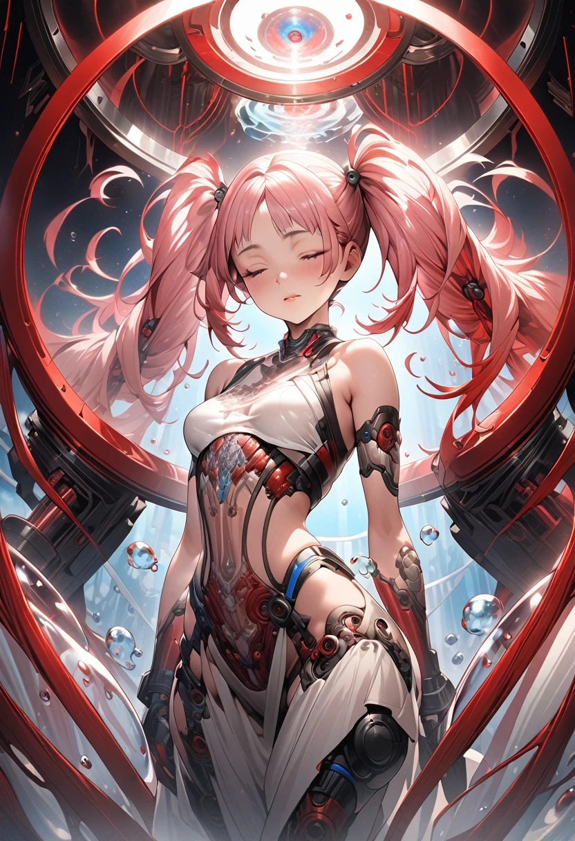 Intricate illustration in imaginative and cybertic surrealist art style，Translucent red twin tails Ether Machine Girl Surrounded by complicated medical equipment how it is being treated,she's a whole machine It is placed in a large transparent tank of culture medium.The body is in the shape of a cross Red tubes that look like thin blood vessels are connected to medical equipment throughout his body.A large tank is filled with a slightly bluish culture solution, and bubbles are rising from the bottom to the top.Details of a girl's beautiful face,Beautiful details of the culture solution inside the transparent culture tank, In the culture solution, she looks down and closes her eyes,cowboy shot from the front, Fantastic cinematic lighting, realistic CG graphics,masterpiece, high resolution, high resolution images, 4, 8k ultra detail