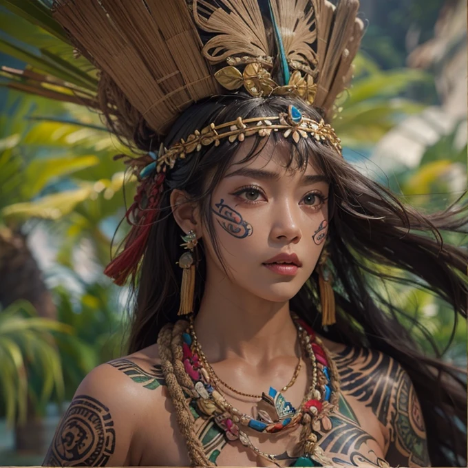 Polynesian Sea、Hair blowing in the wind 、 ((highest quality、masterpiece、8k、Best image quality、Ultra-high resolution、Award-winning works)、(Accurate anatomy:1.1)、(Look at me and smile:1.0)、Shining fair skin with Ultra-high resolution、The most detailed face、Ultra-high resolution detailed face、Ultra-high resolutionの髪の毛、(Ultra-high resolution eye:1.1)、Beautiful face drawn in every detail、Polynesian Costume,Small breasts, Polynesian Tattoo, Polynesian canoe、Wearing Polynesian costumes:1.2.
