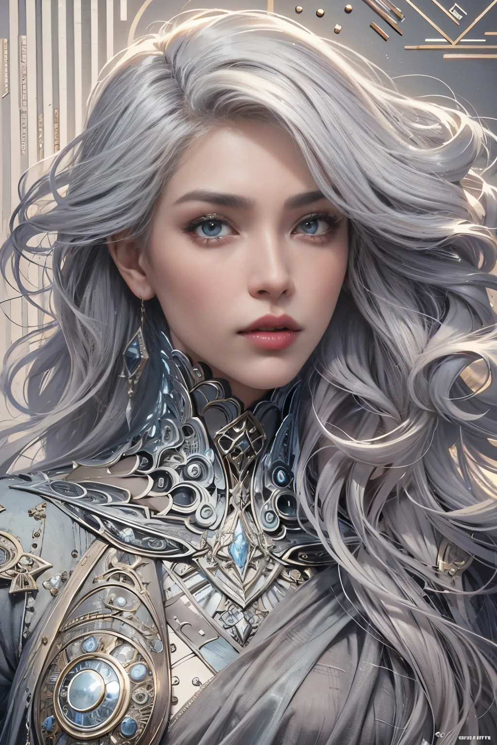 Portraiture, Beautiful woman, Gray Hair, Glamorous Dress, (Long, wavy hair like smoke):0.85 , Confident expression, detailed, 16k, sf, complicated artwork masterpiece, Unlucky, Matte Painting Movie Poster, Golden Ratio, CGSociety Trends, complicated, amazing, Trending on Art Station, by Artgerm, h. r. Giger and Beksinski, highly detailed, Vibrant, Production Movie Character Rendering, Super high quality model:1,huge firm bouncing bust, dynamic sexy poses