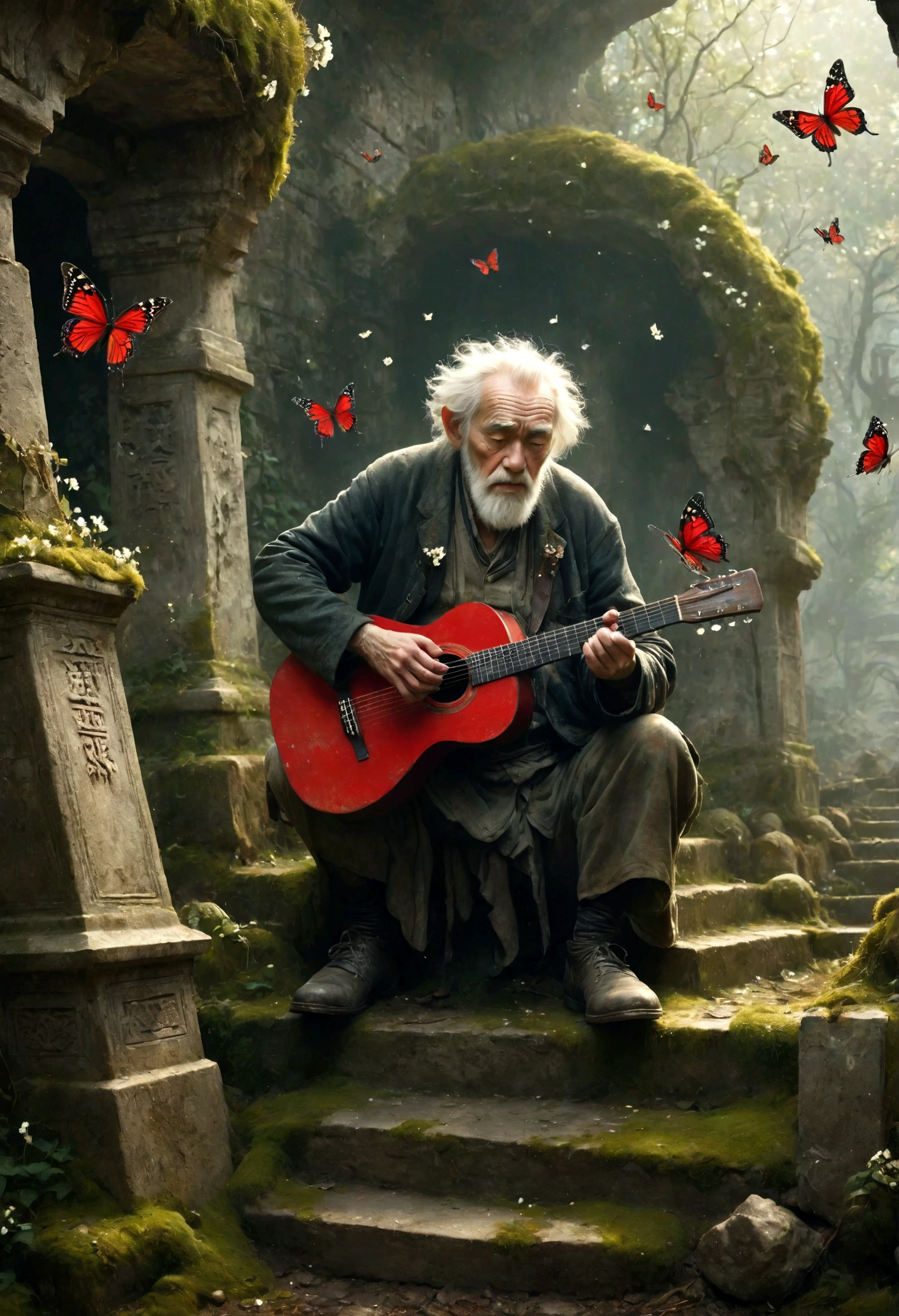 Wandering old man playing guitar, depressed, desolate, moss covered, Dilapidated, dirty, (best quality,4k,8K,High resolution,masterpiece:1.2),Extremely detailed,(Practical,photoPractical,photo-Practical:1.37),Dark Fantasy,severe,Mood lighting,Dramatic shadows,Movie,moody color palette,Soft Tones,Rubbish,rot,weathered，tattered，Small white flowers，Chinese tombs，Dungeons，cemetery，Black and Red，There is a broken bowl in front.，stairs，vine，rainwater，Swarms of glowing butterflies，A group of transparent wandering souls， Ghost