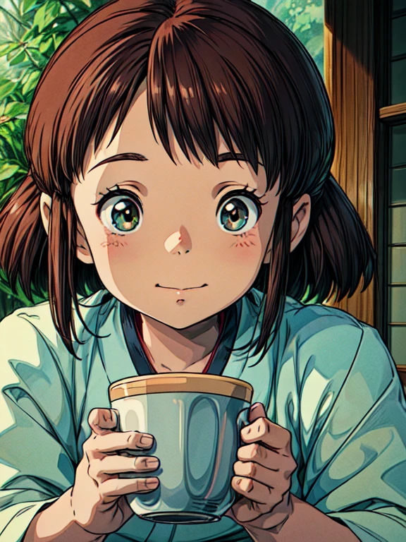 Young girl holding a cup of coffee in her hand, girl with a cute face, cute natural anime face, with a sweet - beautiful - face, ghibli, young cute face, beautiful face of a japanese girl, brown hair and big eyes, cute kawaii girl, Beautiful bright big eyes