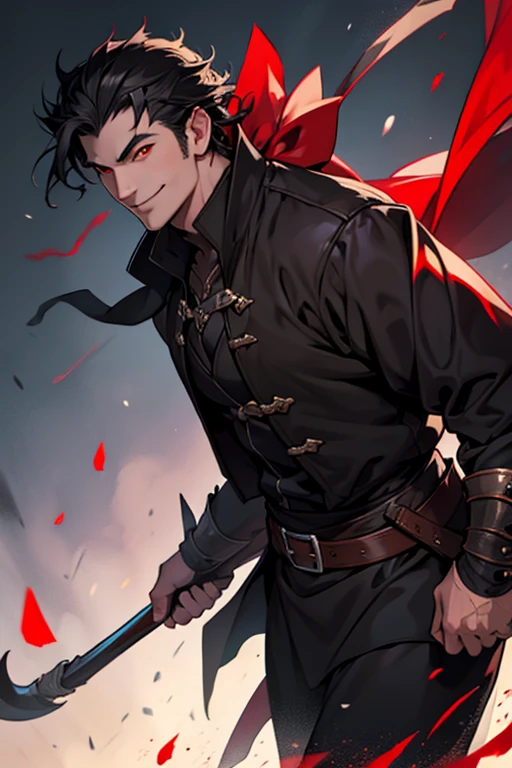 A handsome smiling vampire hunter with bow in medieval times with red eyes and short black hair