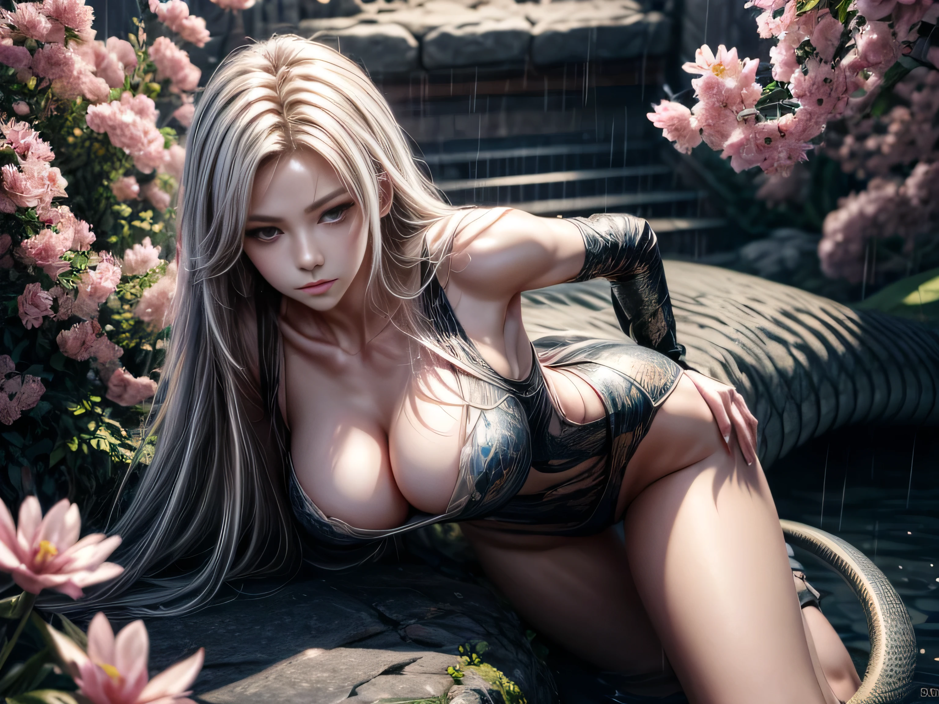 (Best Quality, 8K, Masterpiece, HDR, Soft Lighting, Picture Perfect, Realistic, Vivid), White Snake Girl (1.0), Naga Girl (1.0), Snake Girl, Snake Girl with White Hair and Sexy Open Scales pink bodysuit snake texture, Beautiful Anime fantasy, Very beautiful and cute snake girl, rain of pink flower petals, background blur, anime fantasy, work in Gouves style, realistic: 1.37, top view, lying in pink flowers, horizontal view , (Ultra High Quality Fantasy Art), Masterpiece, Female Model, Ultra High Quality Female Character Designs, Detailed 8k Anime Art, Realistic Anime Art, Highest Quality Wallpaper Illustrations, Intricate Ultra High Quality Accurate Female Character Faces, High Quality Design and Accurate Physics (Ultra High Quality Fantasy -art, dark fantasy style), masterpieces, super high-quality characters, anime resolution - 8K, realistic anime art, wallpapers with the highest quality illustrations, ultra-high facial detail, high-quality design and accurate physics), color, depth of field, shadows, ray tracing , high quality workmanship. -high-quality computer wallpapers and 8K resolution, (Accurate simulation of the interaction of light and materials)], [High-quality hair detail [More about beautiful and shiny white hair]], (Beautifully detailed hands [perfect fingers [Perfect nails]]]], (perfect anatomy (ideal proportions) ))) [[Full height]], [Perfect combination of colors (Accurate imitation of the interaction of light and material)], [art that conveys the meaning of the story]