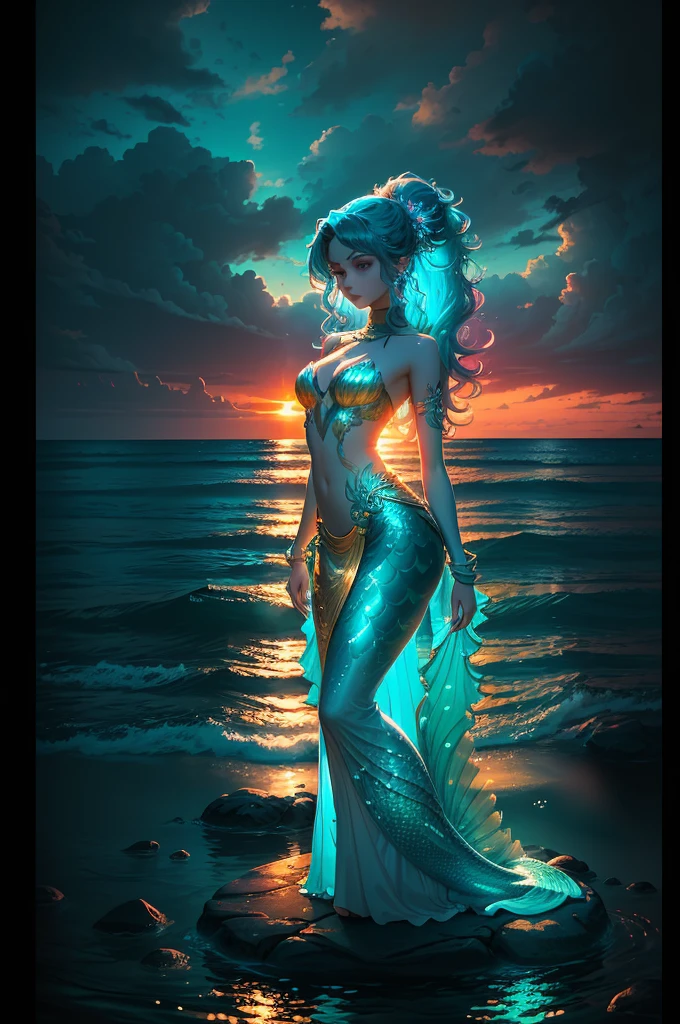 High Definition 4K Image: An Entrancing Underwater Tableau

A captivating mermaid gracefully poses amidst a radiant underwater panorama, her neon-colored hair and tail illuminating the darkened depths. She stands atop a weathered stone pedestal, her ethereal beauty on full display as her scales shimmer and glimmer in the subtle light reflecting off the bright blue sea.

In the background, the sky is ablaze with the vibrant hues of a sunset, casting a warm, inviting glow over the entire scene. The ocean waves gently ebb and flow, creating a mesmerizing visual symphony that draws the