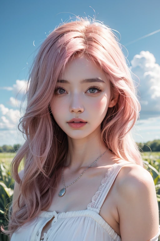 Light pink hair, Pink Eyes, Pink and white, Clouds in the blue sky, Vibrant colors, steampunk, blouse white、Paint Splash, Corn field,  Wavy long hair、