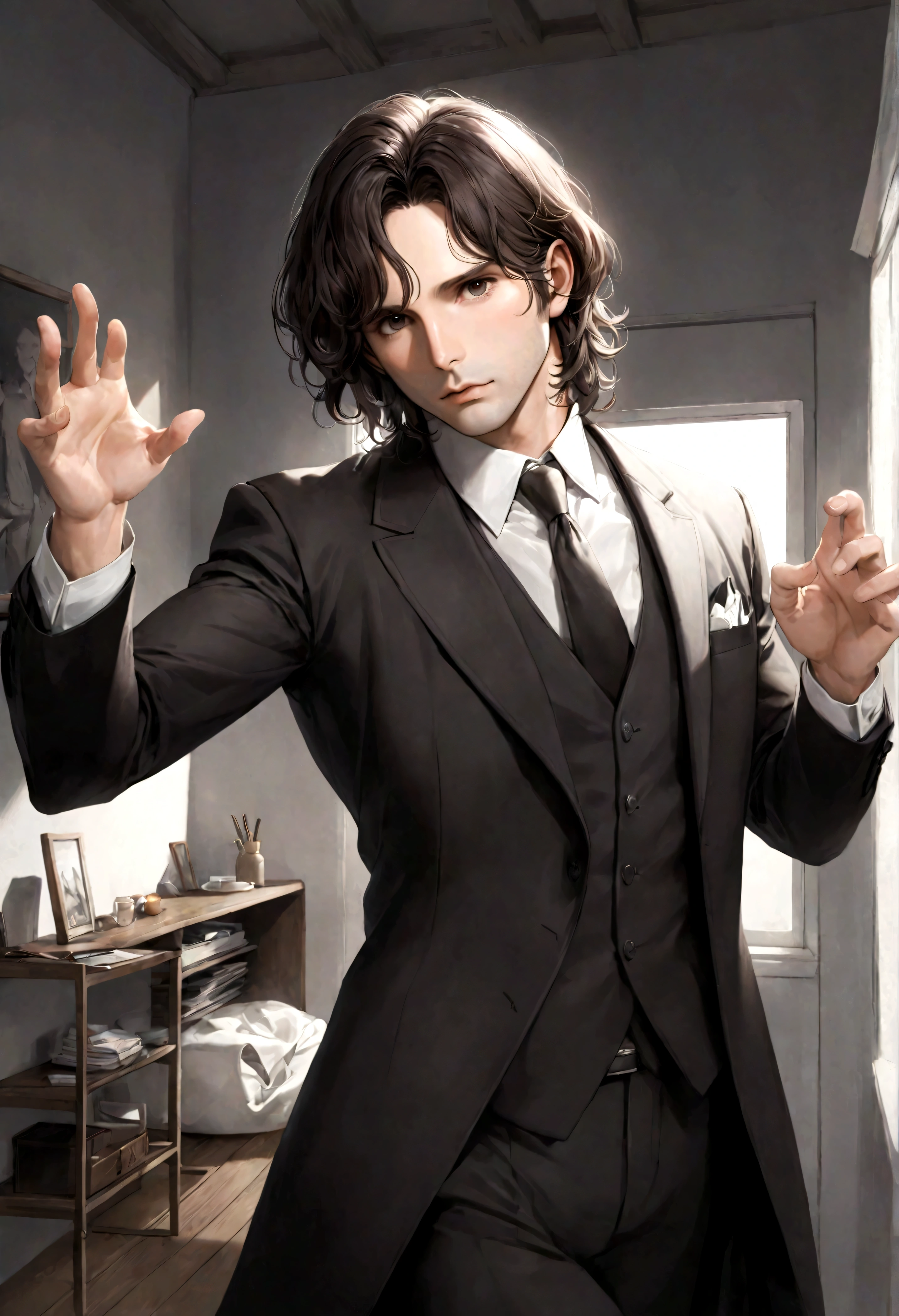 (traje de etiqueta para hombre), ), (con poca barba,) (ojos color cafe claro), Aspecto atractivo y serio, Dark brown hair, Elegante y con estilo, Un hombre similar al actor Jim Morrison, (Imagen realista y de alta calidad), Apartamento escandinavo en el fondo estilo estudio, ((La mejor calidad, 8K, obra maestra).((dynamic pose))