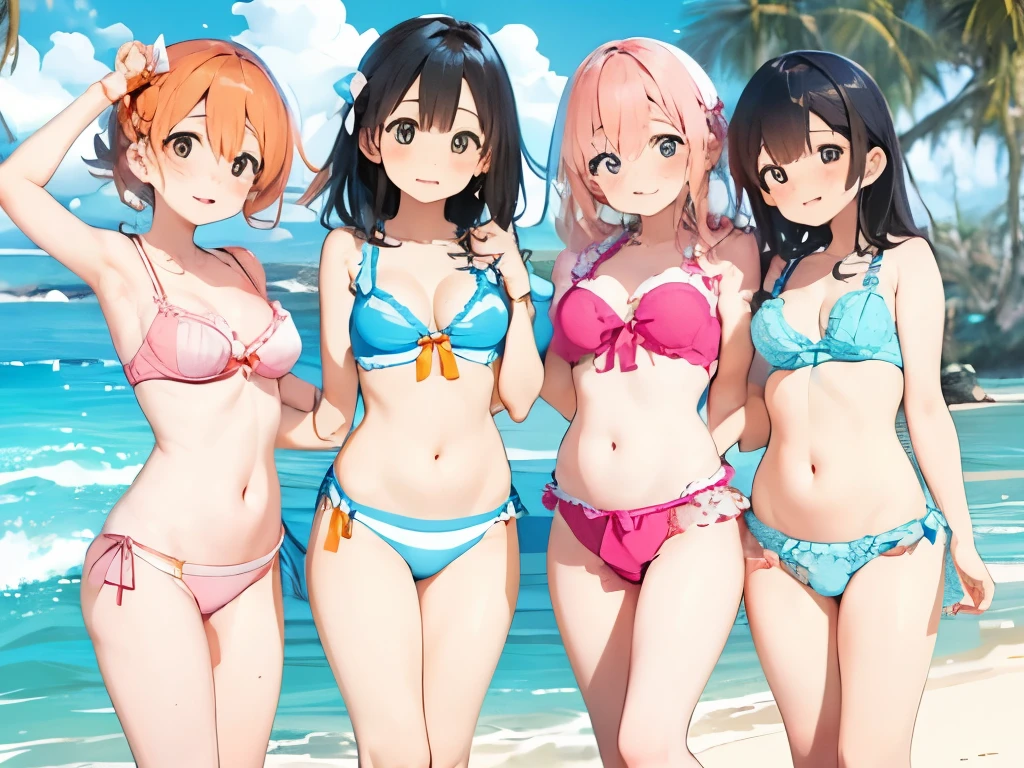 Four busty sisters in cute lingerie and cute bras、Cute white bra with ribbon、White and light blue checkered bra、Cute orange bra、White underwear with cute ribbon、White and light blue striped pants、Cute orange underwear、Sandy Beach, Calm, Clear sea and blue sky、Pink floral bra、Pink floral underwear、barefoot
