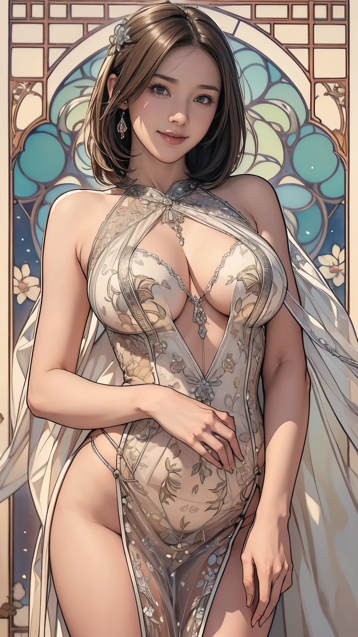 (masterpiece),(highest quality),(Very detailed),(High resolution),8k,wallpaper,soft-edged,1 girl,Beautiful female hands,Careful drawing of hands,The goddess of sexuality stands,Short Bob,Big Breasts,front,Looking at me,Sexy smile,See-through dress,Intricate Mucha-inspired designs and patterns