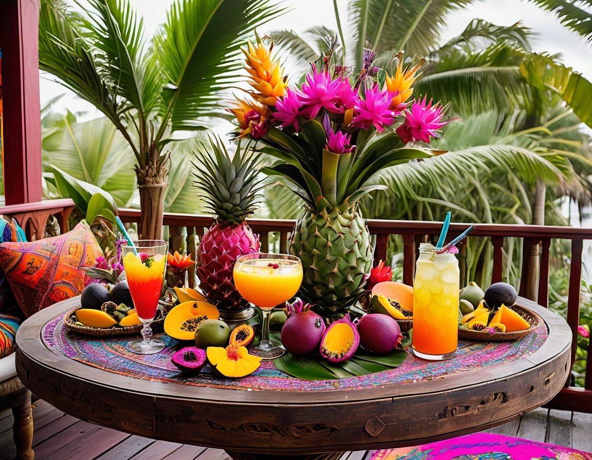 Exotic Fruit Feast: Highlight a table filled with a vibrant cocktail and an assortment of fresh exotic fruits, including dragonfruit, mango, and mangosteen. The table is on a beach house deck with Moroccan boho decor, surrounded by lush palm trees and a vase of colorful exotic flowers.