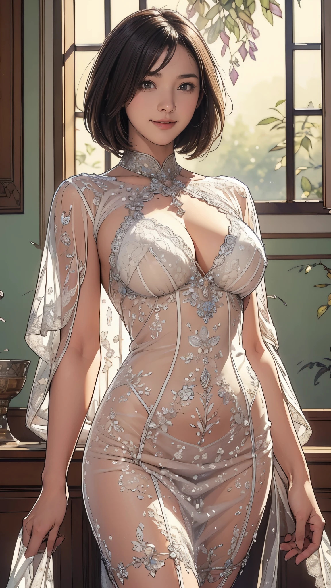 (masterpiece),(highest quality),(Very detailed),(High resolution),8k,wallpaper,soft-edged,1 girl,Beautiful female hands,Careful drawing of hands,The goddess of sexuality stands,Short Bob,Big Breasts,front,Looking at me,Sexy smile,See-through dress,Intricate Mucha-inspired designs and patterns