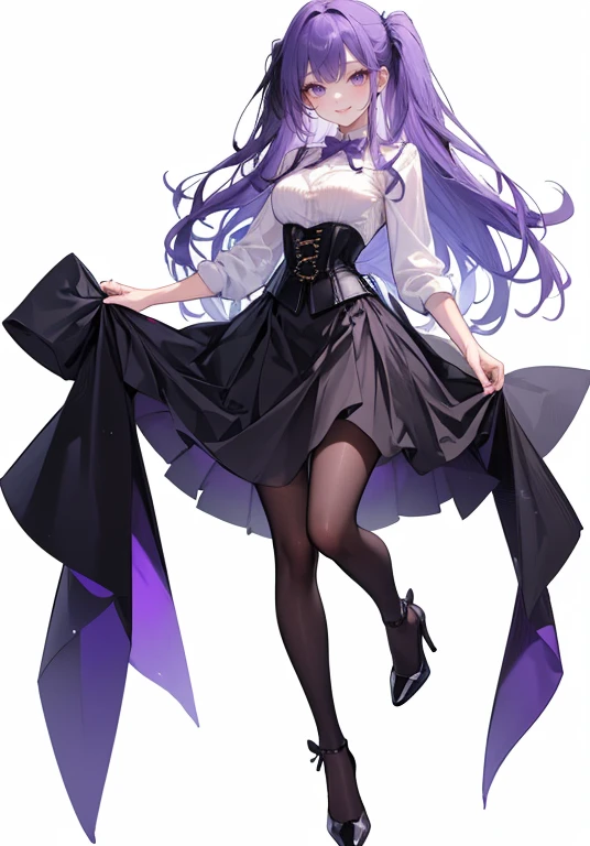 Purple Hair,Long Hair,Adult female,White Y-shirt,((Roll up her sleeves)),(corset),(Black tight skirt),(High heels),((Simple white background)),smile,((full body)),((whole body)),