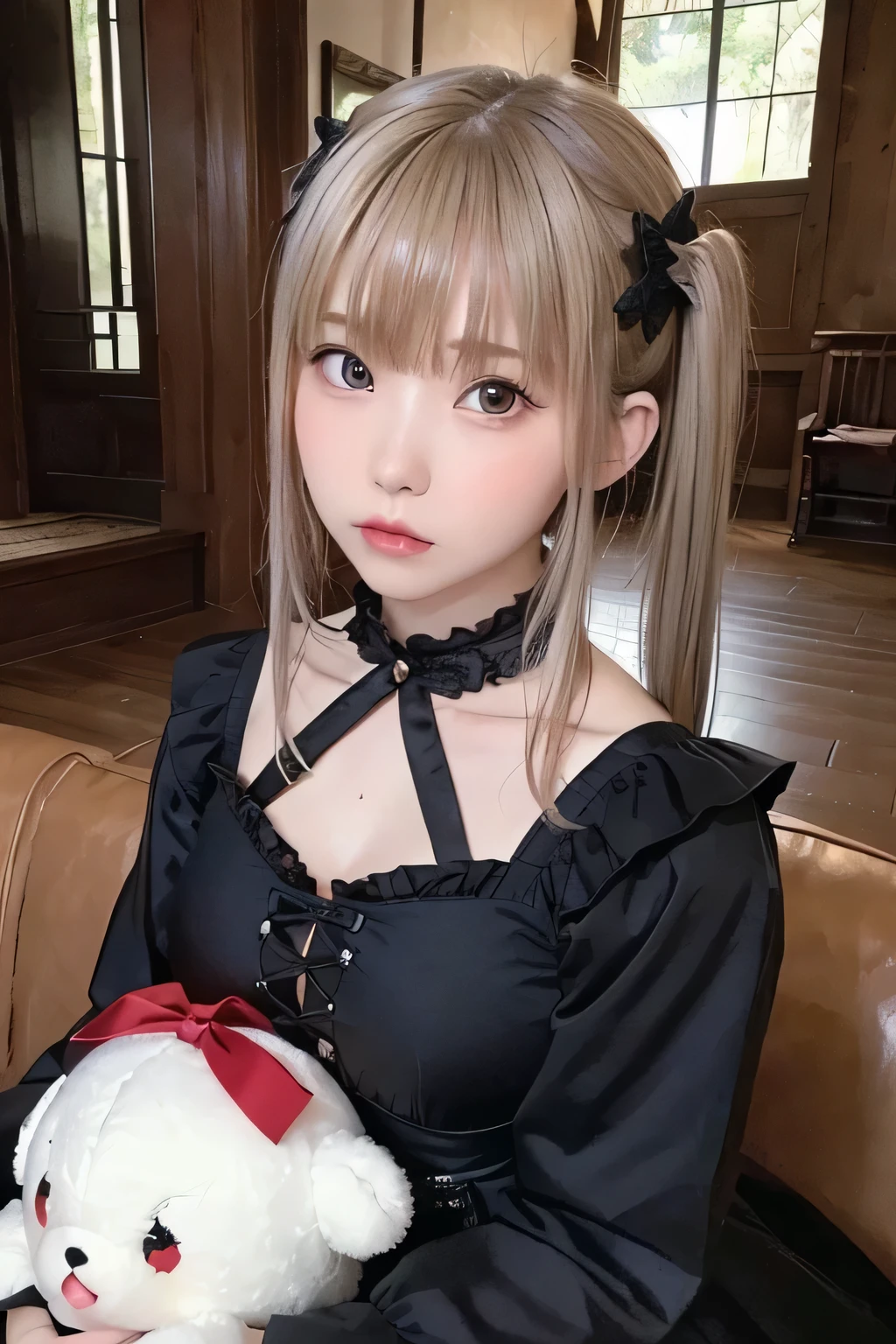 8k、Highest quality、masterpiece、(head shot:1.35)、(30 years old)、1 Pretty Woman、round face、Idol face、(Flat Chest、slim、Flat Body:1.23)、Platinum Hair、Twin tails、Black Gothic ta outfit、Black ruffled dress、Holding a stuffed toy、Woman in the Forest、Red ribbon hair clip