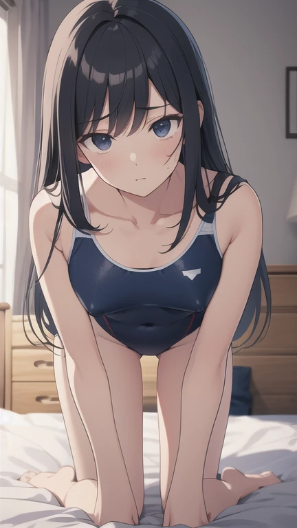 masterpiece,highest quality,High resolution,figure,Super detailed,8k CG wallpaper,Ray Tracing,(Black Hair:1.1),((Long Hair:1.1)),(black eye:1.1),Straight hair,Medium chest,(Urgent 1:0.8),Cover your chest with your hands,Leaning forward,((Embarrassing:1.2)),throw,((Kneel:1.3)),Navy one piece swimsuit,Dark bedroom,bed,Changing clothes,Undressing,Small protruding nipples,Pull one's swimsuit down to one's shoulders