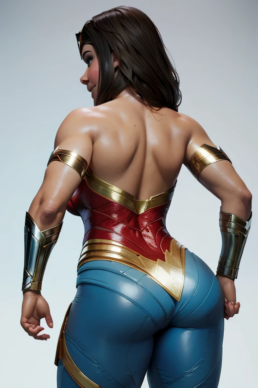 Natural Beauty, Masterpiece, Hailee Steinfeld, Perfectly Accurate Face Proportion, Realistic Light Blue Eyes, Thick Eyebrows, Wonder Woman, Wonder Woman Tiara, Curve Wide Hips, Round Ass, Toned Thighs, Toned Arms, Grin On Her Face, Standing elegantly with one foot slightly in front of the other, the tight suit clings to Wonder Woman’s body, highlighting the curves of her hips and the shape of her buttocks. The suit's fit emphasizes her graceful yet powerful form, with the smooth lines accentuating her posture. Seductive, back view visible, full body view 