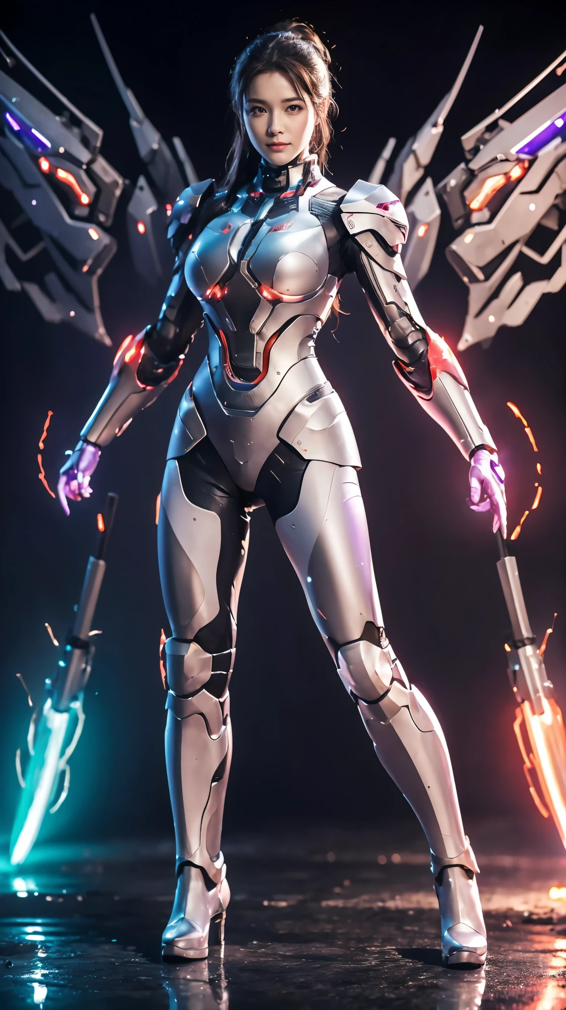(highest quality、8K、32k、masterpiece、UHD:1.2、perfect body beauty:1.2、Wearing armor gundam a futuristic hero suit with a pale purple and white shine:1.5、rain、street、Cute 25 year old Japan woman、、ponytail、Upper body、front、simple background、looking at the viewer、dynamic pose:1.5, full body