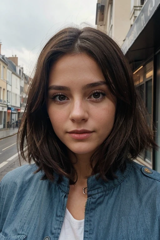 une femme brune et belle qui prend une photo vers la tour effiel avec un visage qui n'est pas parfait