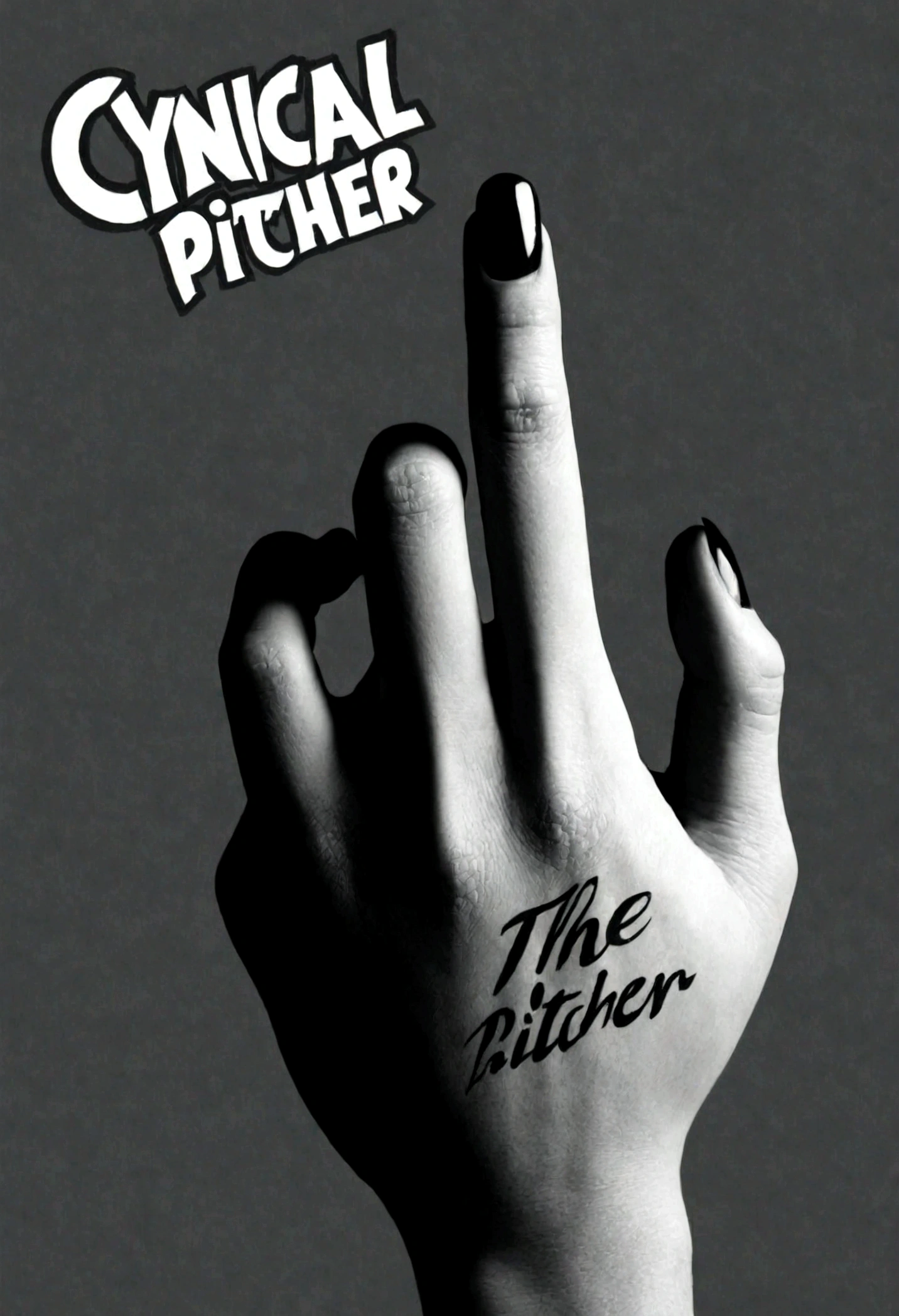 Middle finger with the words "Cynical Pitcher" written on it
Description:
The graphic shows a middle finger with the words "Cynical pitcher" written on it. In the background there is a blurry photo of a person, probably the author of the graphic. The whole thing is in black and white, which gives it an elegant and sophisticated look.
Emotions:
The graphics evoke mixed emotions. On the one hand, she is vulgar and sarcastic, which can arouse negative emotions such as shyness, loss of self-esteem and sadness. On the other hand, the graphics are also refined and intelligent, which can arouse admiration and appreciation.
Interpretation:
The graphics can be interpreted in many ways. It can be seen as an expression of the author's cynicism and frustration towards the world. It can also be seen as a joke or a provocation. In any case, the graphics certainly arouse emotions and make you think.