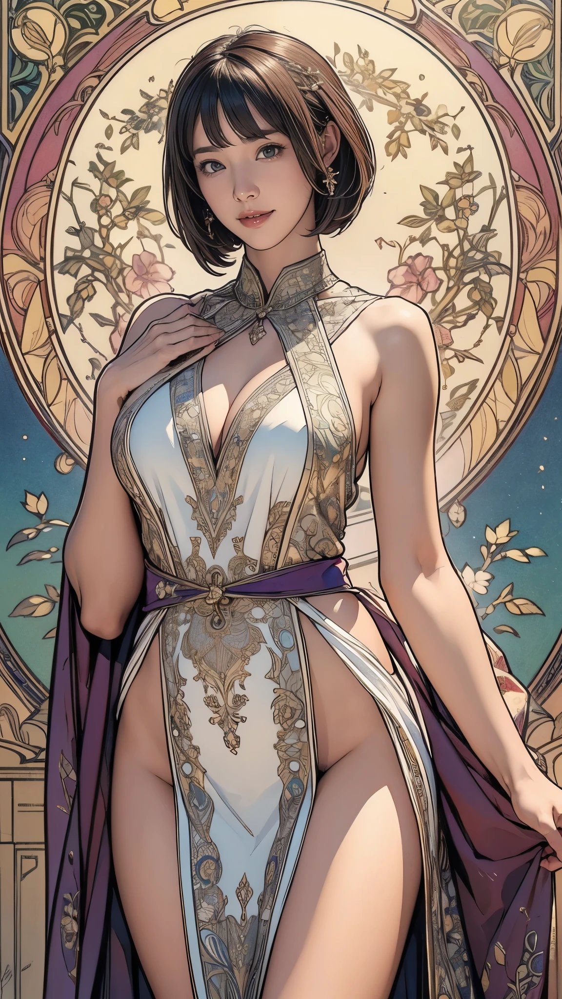 (masterpiece),(highest quality),(Very detailed),(High resolution),8k,wallpaper,soft-edged,1 girl,Beautiful female hands,Careful drawing of hands,The goddess of sexuality stands,Short Bob,Big Breasts,front,Looking at me,Sexy smile,loincloth,Intricate Mucha-inspired designs and patterns