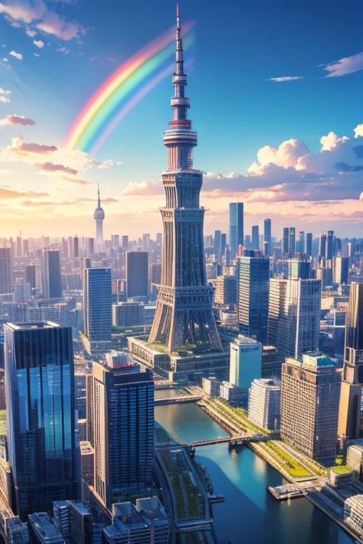 masterpiece、Background Depth((Sky City))、 building、Skyscraper、Sky tree、Tokyo Tower、skyscraper、Buildings、Sky、blue sky、rainbow