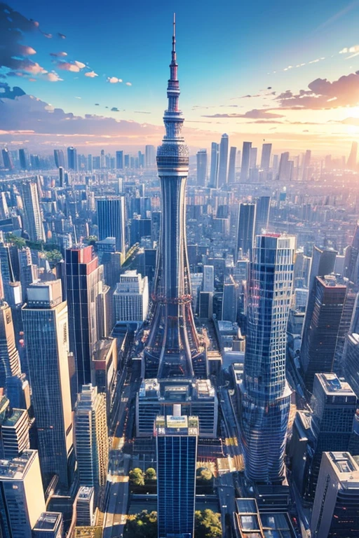 masterpiece、Background Depth((Sky City))、 building、Skyscraper、Sky tree、Tokyo Tower、skyscraper、Buildings、Sky、blue sky、rainbow