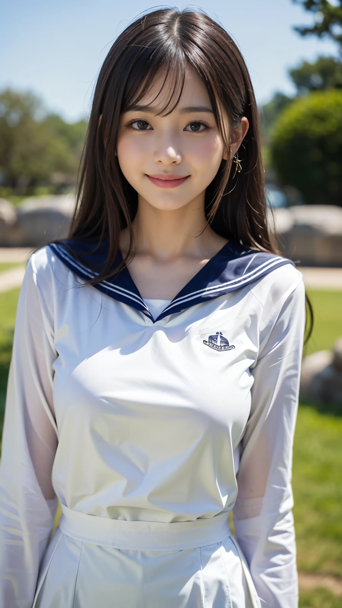 ((highest quality、masterpiece、High resolution))、(((Zoom photo of upper body)))、(A shy smile:1.2)、One -yeld fee、Beautiful Skin、Beautiful Eyes、Large Breasts、Sailor suit、Black Hair、Straight Hair、Trimmed bangs