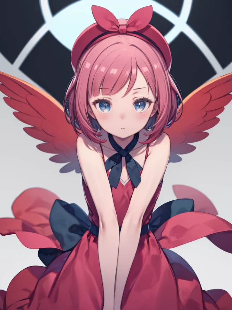 masterpiece, highest quality, High resolution, Serena (Pokemon), short hair, blue eyes, One girl, alone, Blue Ribbon, eyelash, Neck ribbon, No sleeve, bangs, clavicle, Bare arms, Pink Dress , Red coat, white background, front, No view, Looking at the audience,Upper Body, In-person audience, solid color background, clean background, To the camera, High resolution, Expressionless calm face, 白色のbackground, avert your eyes, Simple_background