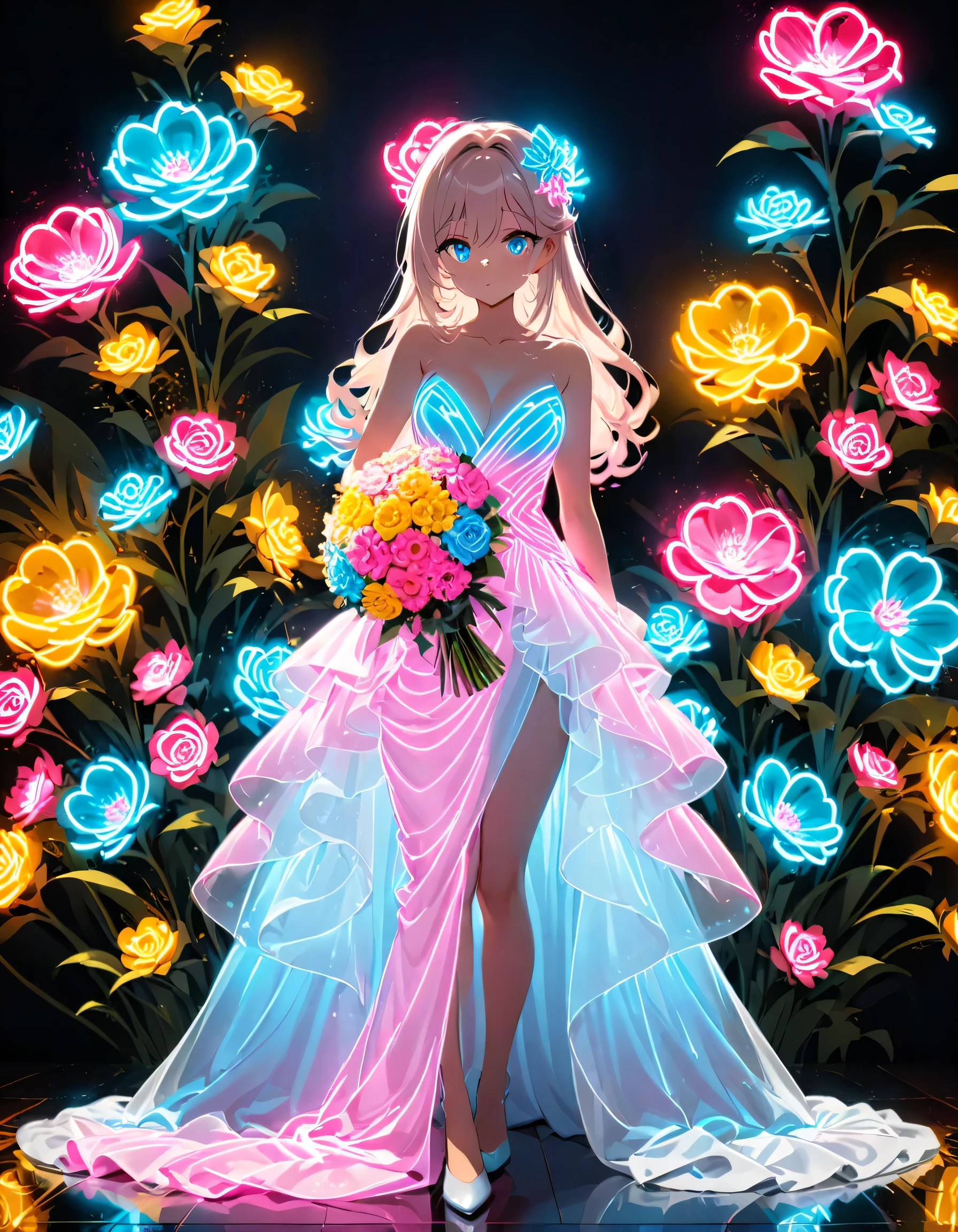 composition, Thematic, Light Staging, The background is simple, Standing in a neon voluminous evening dress with a long train, Very impressive and beautiful. , View your viewers, Holding a bouquet of neon flowers. Hair and eyes glow with neon lights