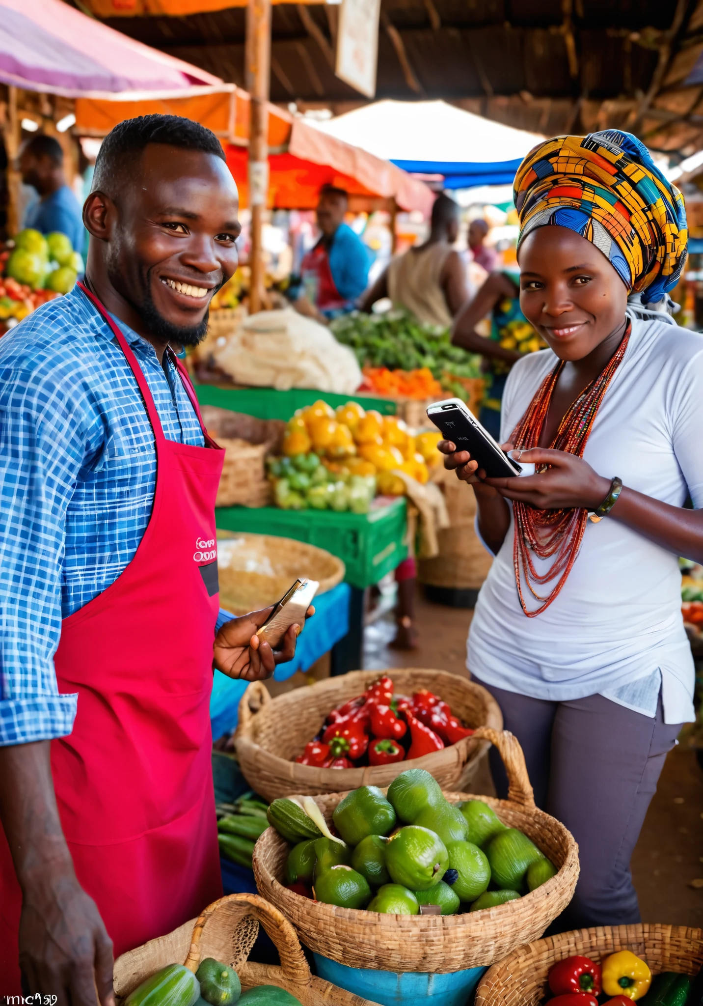 A shop vendor and customer in the market, both holding phones to receive and send money, african setting, detailed expressions of satisfaction and trust on their faces, colorful market stalls with fresh produce and handmade goods, vibrant and bustling atmosphere, Photography, captured with a Canon EOS R5 and a 50mm lens, --ar 16:9 --v 5