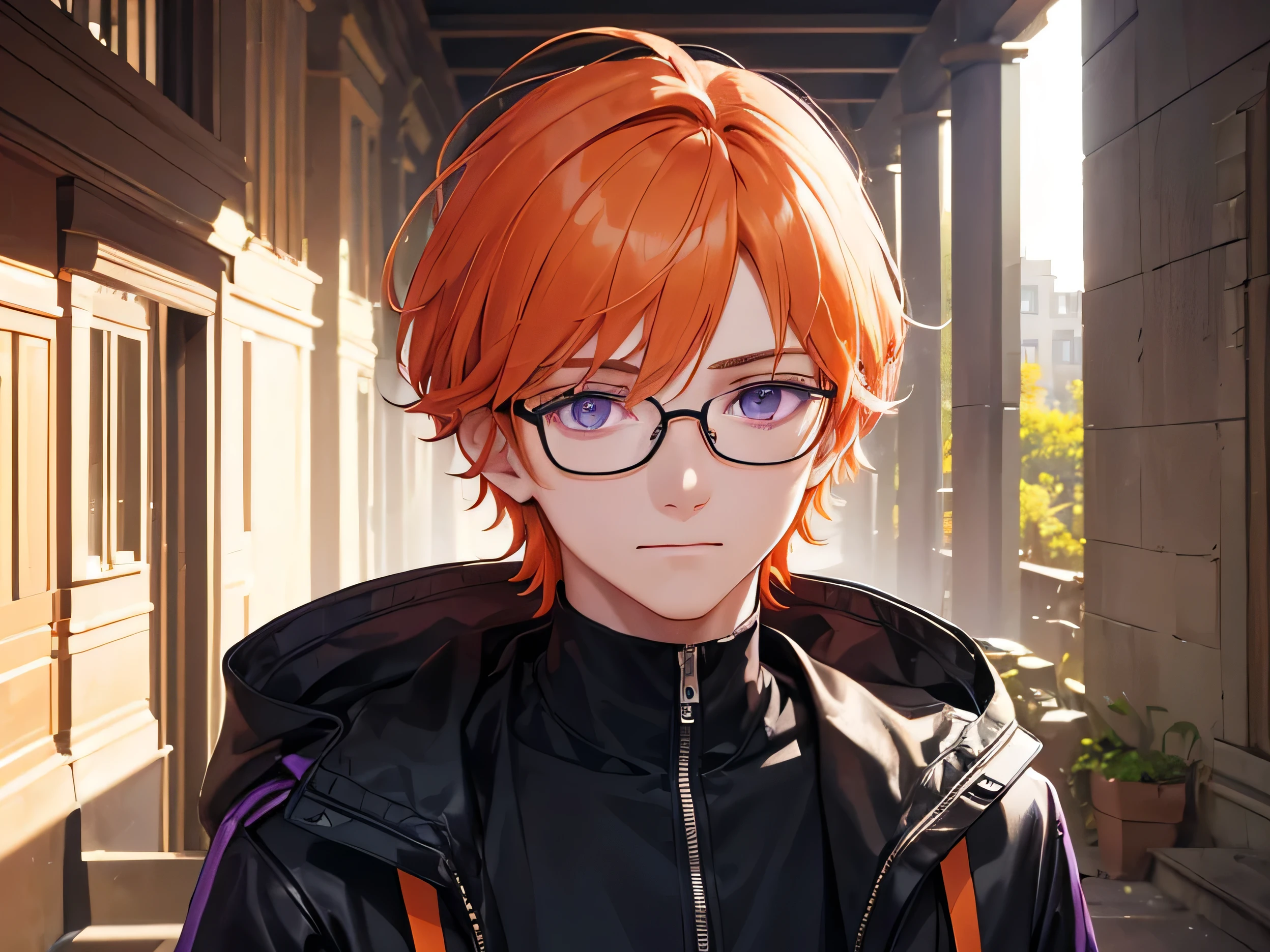 a detail close up person, ((8k)), ((face detailed)) (the face and eyes image is not broken), ((detail bust up shot)), a tech genius orange-haired and purple eyes ((male)) 22 aged ((wearing glasses)) and black jacket with confident expression walking in the hallway of the old building ruins, looking at the point view, sunlight shines in from the side darken the other side