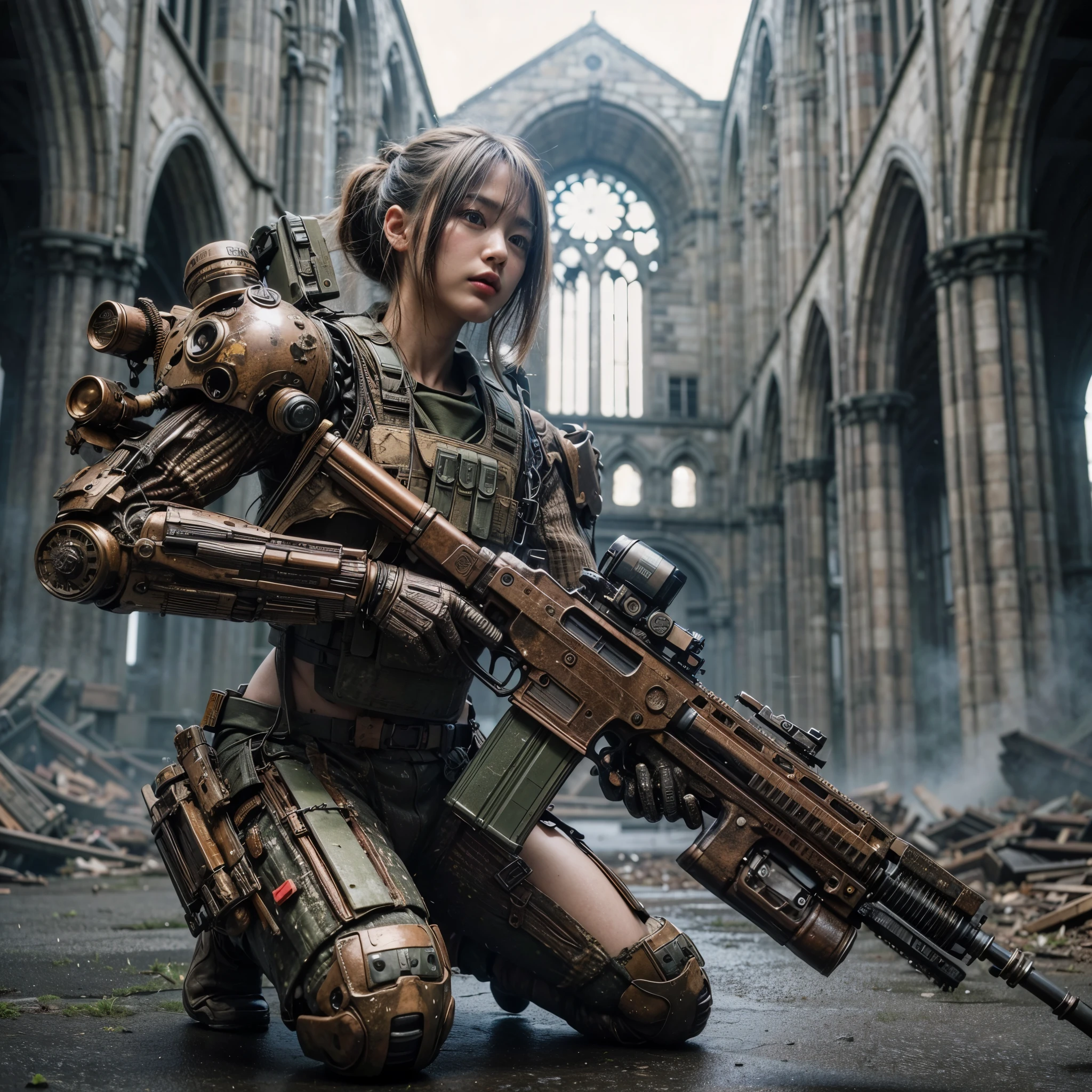 8K, Real Photo, Realistic Skin Texture, Super Realism, (WWII Era), (Mechanical Suit), Steampunk, Beautiful Forest Through Trees, Heavy Weapons, Vivid Textures, Beautiful Hair, Japanese Female Soldier, (Super Beautiful Face), Legs, ((Super Realistic All Textures)), ((Superall intricate details))), full body shot, super clear photo results, olive drab color, scratches, rust, weathering, sweat, action poses in motion, shot with Fujifilm X-T30 + Nokton. HDR10, minimum 4 images created.