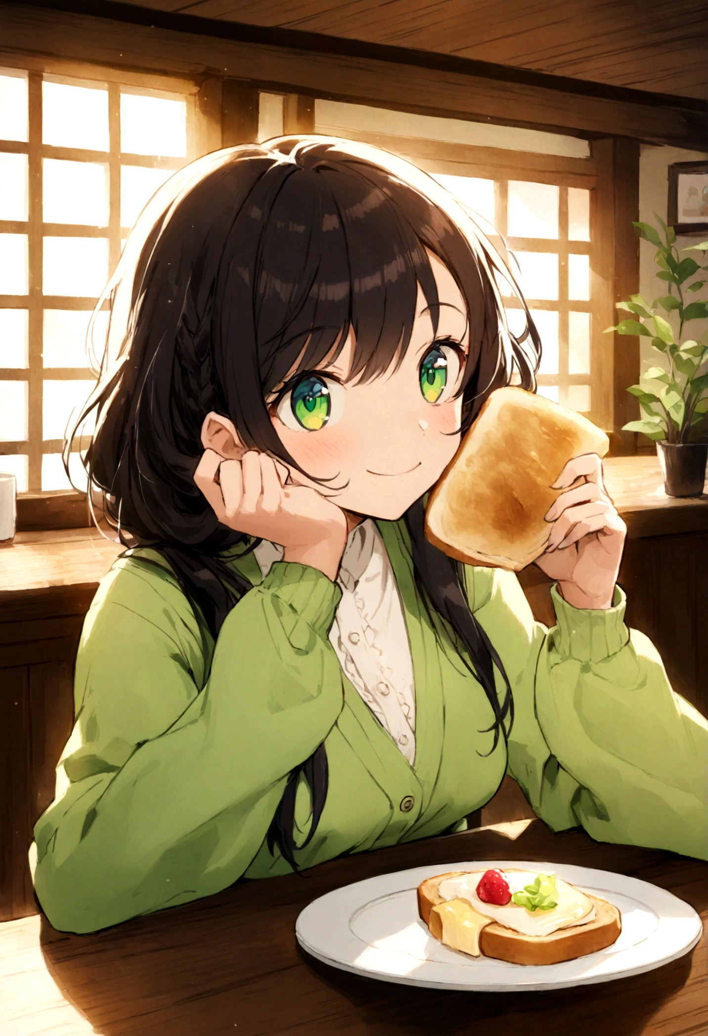 A beautiful anime-style girl with long dark hair and big green eyes is sitting in a cozy café. She is wearing a light green cardigan over a white blouse and is smiling gently while holding a piece of toast. The café has a warm, inviting atmosphere with sunlight streaming through the windows, casting a soft glow on the scene. There is a cup of coffee and a plate with a sandwich on the table in front of her.