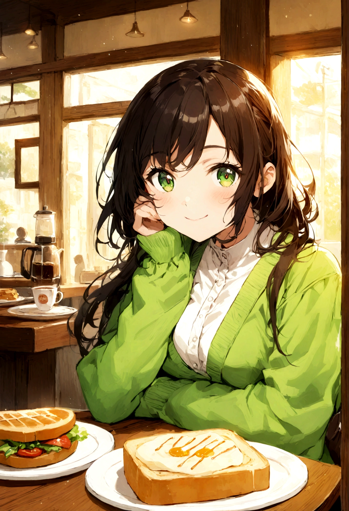 A beautiful anime-style girl with long dark hair and big green eyes is sitting in a cozy café. She is wearing a light green cardigan over a white blouse and is smiling gently while holding a piece of toast. The café has a warm, inviting atmosphere with sunlight streaming through the windows, casting a soft glow on the scene. There is a cup of coffee and a plate with a sandwich on the table in front of her.