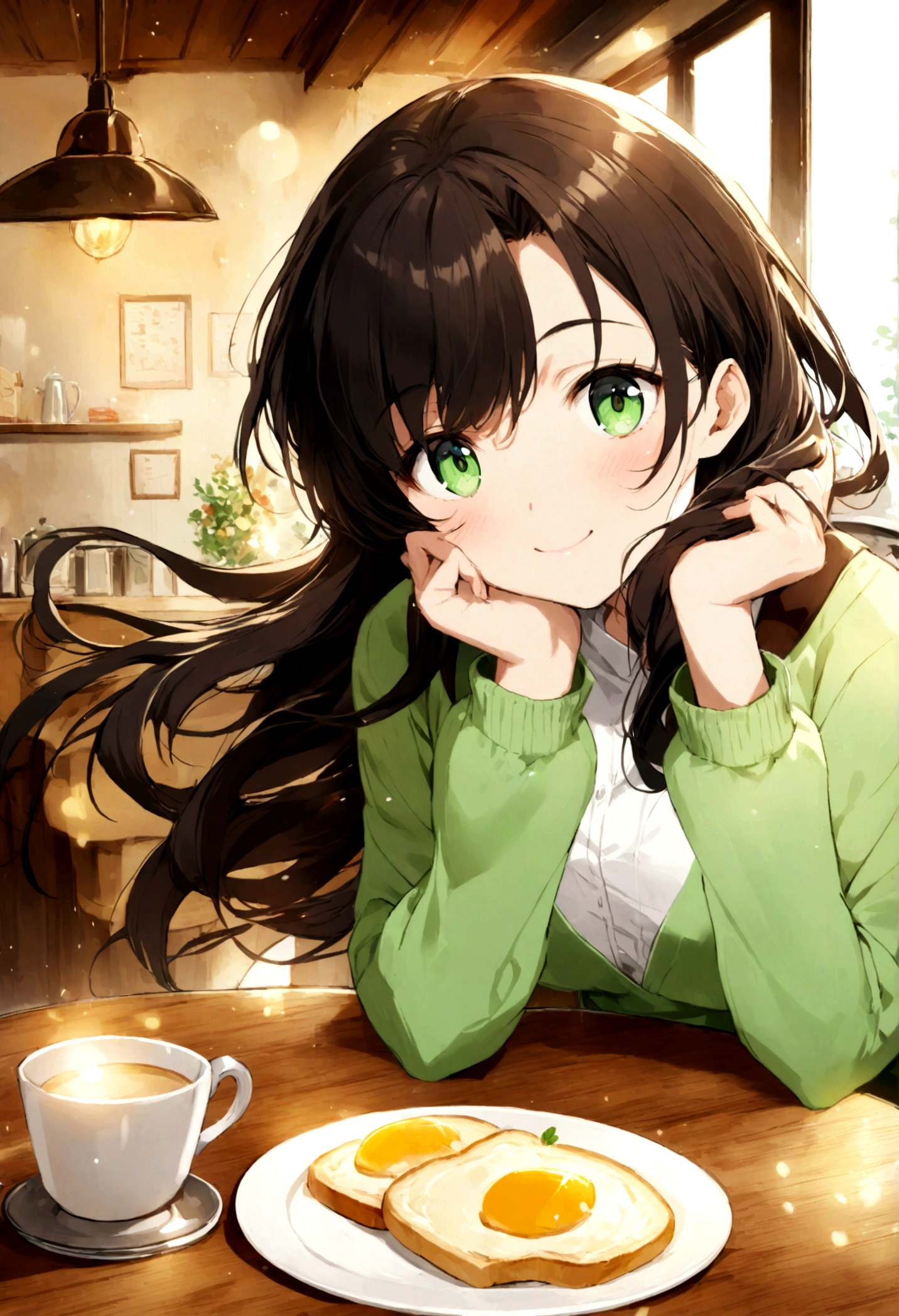 A beautiful anime-style girl with long dark hair and big green eyes is sitting in a cozy café. She is wearing a light green cardigan over a white blouse and is smiling gently while holding a piece of toast. The café has a warm, inviting atmosphere with sunlight streaming through the windows, casting a soft glow on the scene. There is a cup of coffee and a plate with a sandwich on the table in front of her.