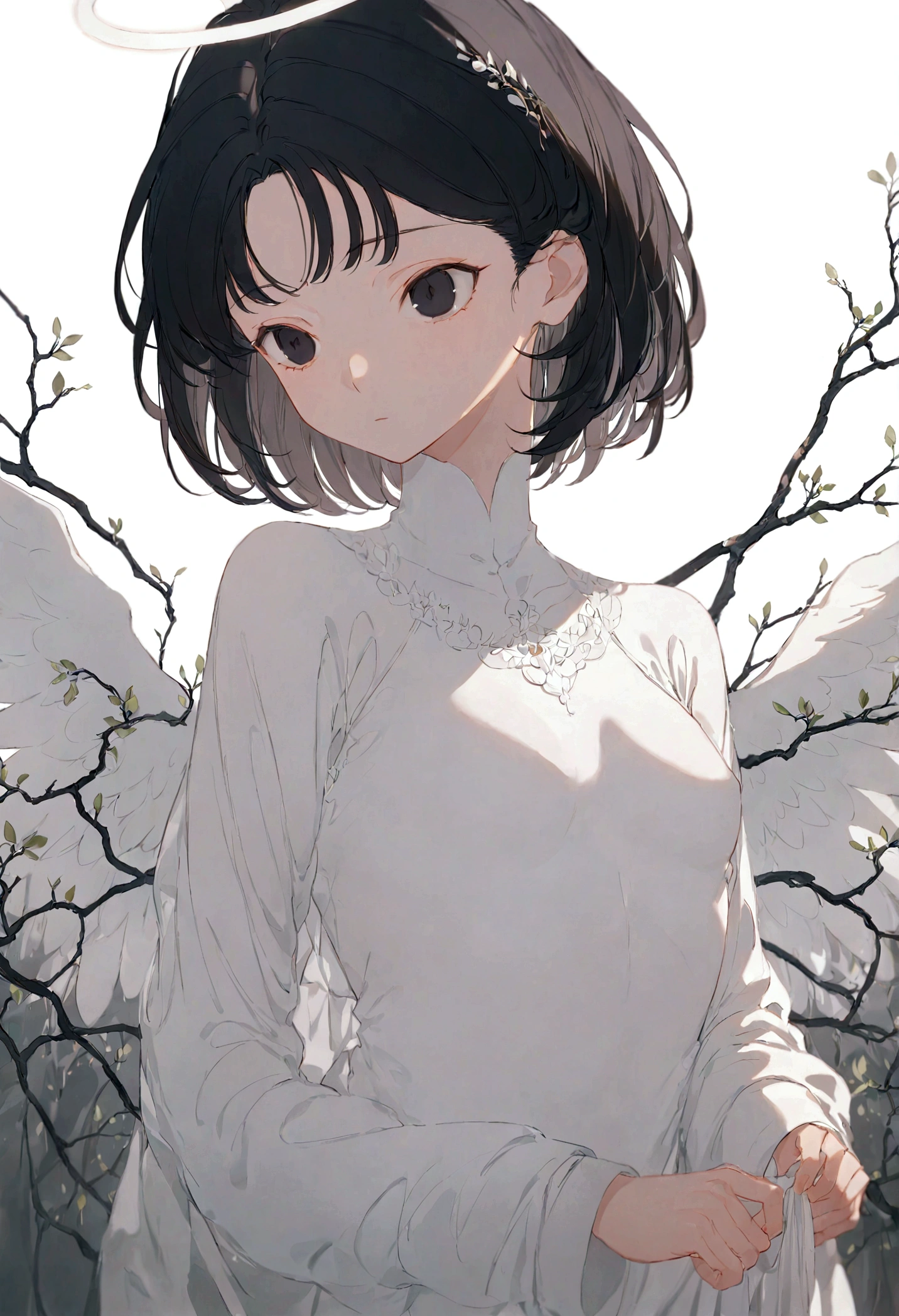Black Hair,short hair,black eye,Angel white wings,Angel Halo,White clothes,Gender unknown,Expressionless,No breasts,Thick Coating