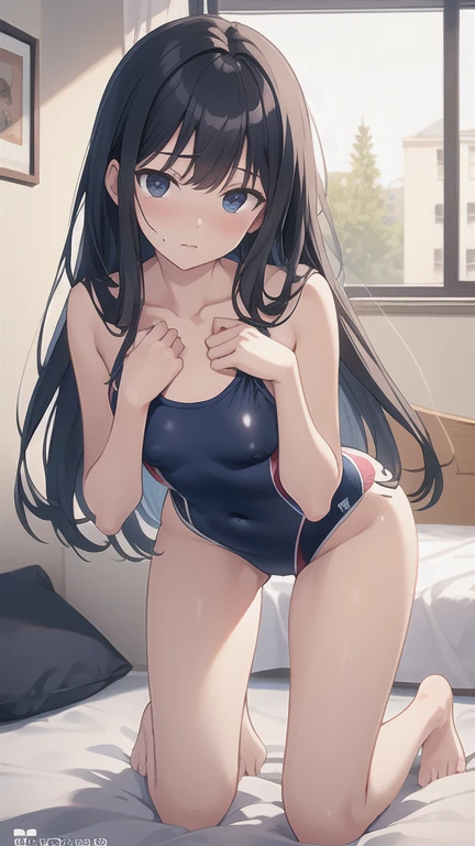 masterpiece,highest quality,High resolution,figure,Super detailed,8k CG wallpaper,Ray Tracing,(Black Hair:1.1),((Long Hair:1.1)),(black eye:1.1),Straight hair,Medium chest,(Urgent 1:0.8),Cover your chest with your hands,Leaning forward,((Embarrassing:1.2)),throw,((Kneel:1.3)),Navy one piece swimsuit,Dark bedroom,bed,Changing clothes,Undressing,Small protruding nipples,Pull one's swimsuit down to one's shoulders