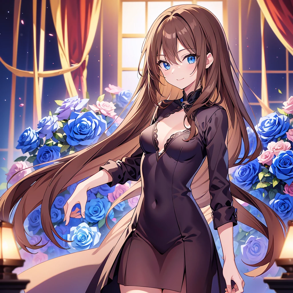 18 year old beautiful girl, Big Blue Eyes, Small breasts,  Slender, In 8K, highest quality, (Very detailed head: 1.0), (Highly detailed face: 1.0), (Very fine hair: 1.0),Tuxedo, Blue rose, Detailed official artwork, Anime Moe Art Style, Beautiful and detailed anime art, A confident smile, ((Light brown hair,)),(Shortcuts)